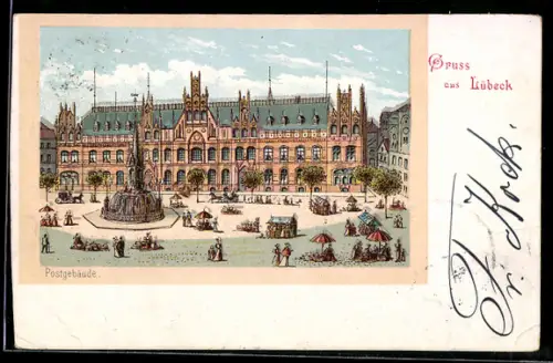 Lithographie Lübeck, Postgebäude und Brunnen