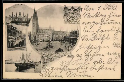 AK Lübeck, Marktplatz, Holstentor, Hafenansicht
