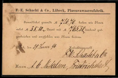 AK Lübeck, Piassavawaarenfabrik F. E. Schacht & Co., Geschäftskorrespondenz 1896