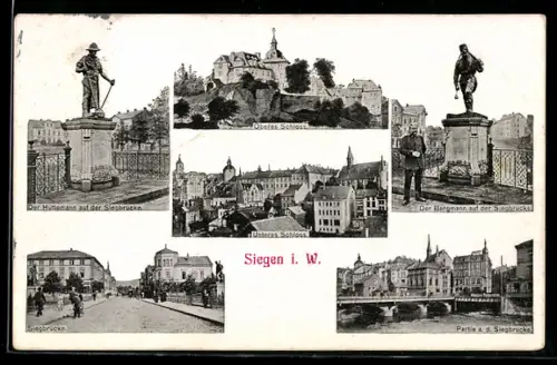 AK Siegen i. W., Oberes Schloss, Unteres Schloss, Siegbrücke, Hüttenmann, Bergmann