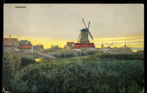 Künstler-AK Photochromie Nr. 2944: Zaandam, Ortsansicht mit Mühle, Molen
