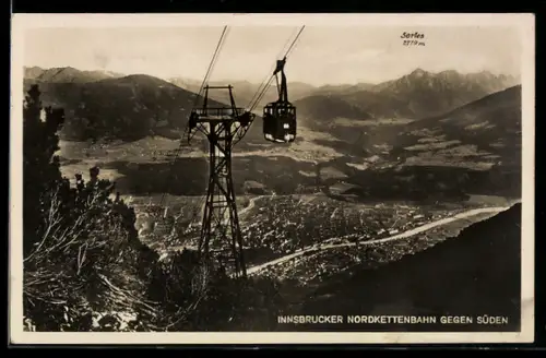 AK Innsbruck, Innsbrucker Nordkettenbahn gegen Süden, mit Stadt u. Serles