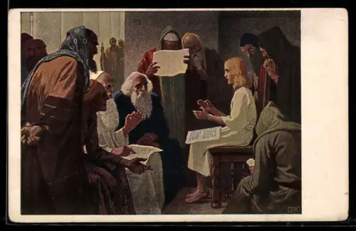 Künstler-AK Jesus lehrt im Tempel, Bibelszene