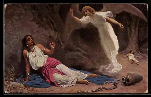 Künstler-AK Bibel, Altes Testament, Buch Mose I. 21, 14-18, Hagar und Ismael in der Wüste