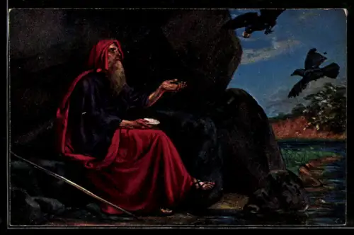 AK Alter Mann sitzt mit Vögeln bei einem Felsen, Bibel