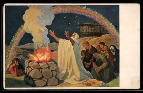 Künstler-AK Noas Dankopfer, Bibelszene