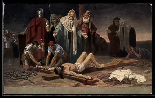 Künstler-AK Via crucis, der Kreuzweg, die Passion Christi, Jesus wird ans Kreuz geschlagen