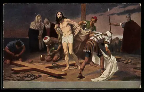 AK Serie: Kreuzwegstationen, Jesus wird für die Kreuzigung vorbereitet