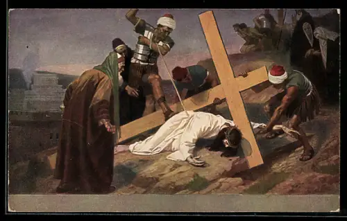 AK Jesus bricht auf dem Berg Golgatha unter dem Kreuz zusammen