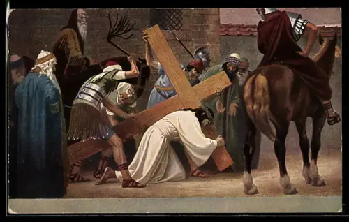 AK Serie: Kreuzwegstationen, Jesus muss das Kreuz zum Berg tragen