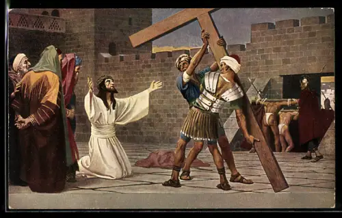 AK Jesus kniet vor dem Kreuz, Bibel