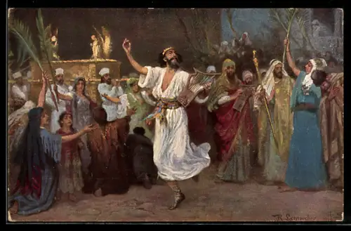 Künstler-AK Die heilige Schrift, David tanzt vor der Bundeslade mit einer Harfe