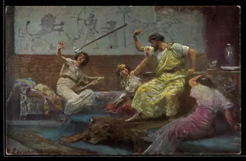 AK Die Heilige Schrift, Bilder aus dem Alten Testament - Saul wirft den Spiess nach David