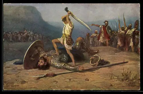 Künstler-AK sign.: Rob. Leinweber: Altes Testament, Die heilige Schrift, Bild Nr. 6, David und Goliath