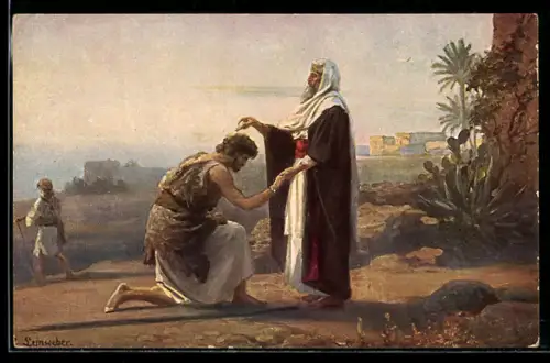 Künstler-AK Samuel salbt Saul zum König, Bild aus dem Alten Testament