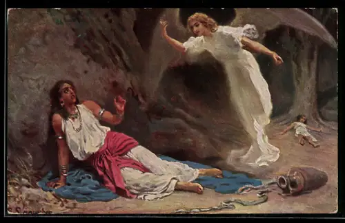 Künstler-AK Bibel, Altes Testament, Buch Mose I. 21, 14-18, Hagar und Ismael in der Wüste