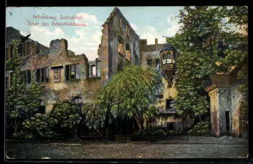 AK Heidelberg, Schloss Heidelberg, Schlosshof, Erker des Bibliothekbaues