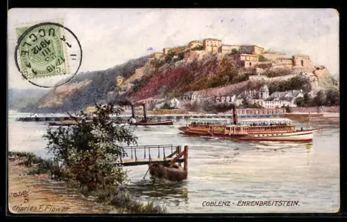 Künstler-AK Charles F. Flower: Koblenz, Rheindampfer passiert die Festung Ehrenbreitstein