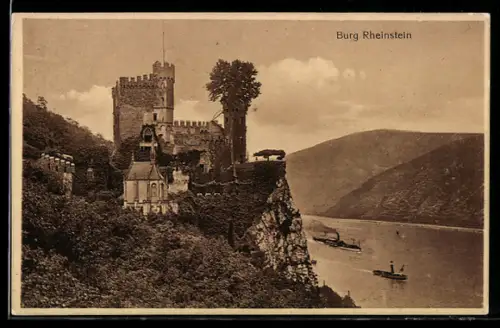 AK Burg Rheinstein, Ortsansicht mit Rhein u. Dampfern