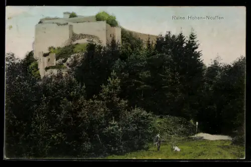 AK Burgruine Hohenneuffen, Ansicht mit Spaziergänger u. Hund
