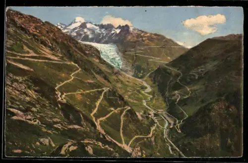 AK Rhonegletscher, Blick auf Gletsch, Grimsel- und Furkastrasse