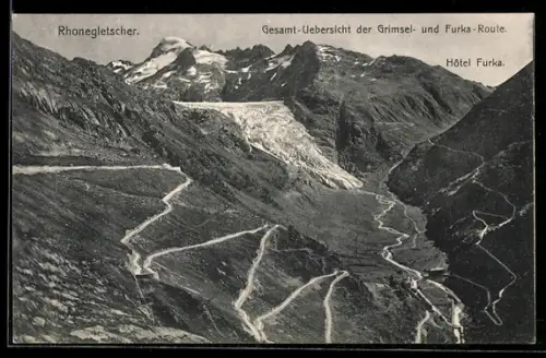 AK Rhônegletscher mit Grimsel- und Furka-Route und Hotel Furka