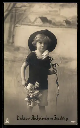 Foto-AK NPG Nr. 3280: Junges Kind mit einer langen Rose und einem Rosenstrauss