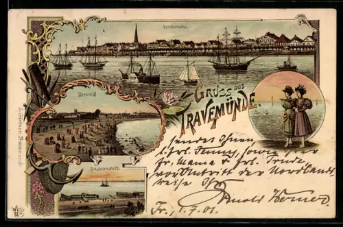 Lithographie Travemünde, Vorderreihe, Strand, Badeanstalt