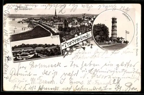 Vorläufer-Lithographie Travemünde, 1895, Ortsansicht vom Leuchtturm, Kurhaus, Leuchtturm