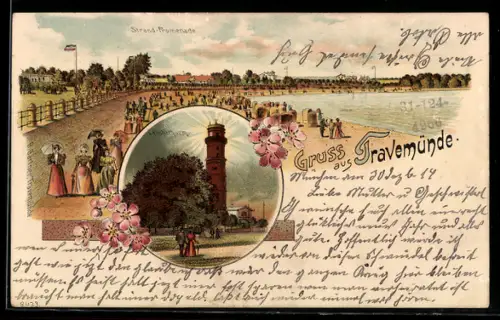 Lithographie Travemünde, Strand-Promenade, Leuchtturm