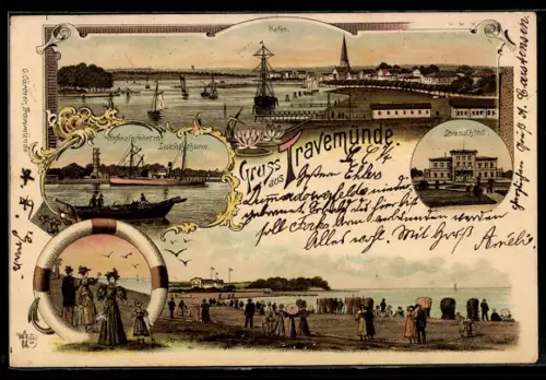 Lithographie Travemünde, Strandhotel, Hafen, Leuchtturm, Strandpanorama
