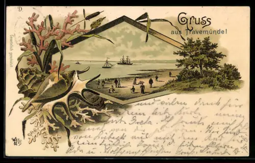 Lithographie Travemünde, Strand mit Spaziergängern und Segelschiffen, Algen, Muschel