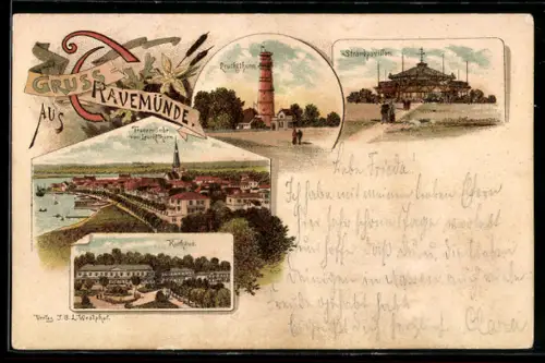 Lithographie Travemünde, Leuchtturm, Strandpavillon, Kurhaus