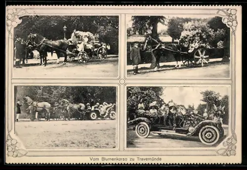AK Travemünde, Blumenkorso mit geschmückten Pferdewagen und Automobilen
