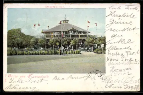 AK Travemünde, Gaststätte Strandpavillon mit Gästen in Garten u. im Obergeschoss