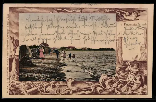 Grusskarten-AK Travemünde, Strandpanorama, Robbe, Wassermann u. Nixe im Meer
