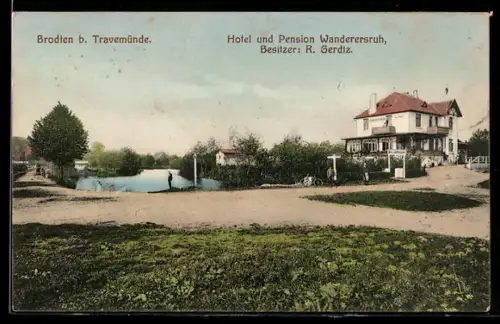 AK Brodten b. Travemünde, Hotel und Pension Wanderersruh, Besitzer R. Gerdiz, Panorama