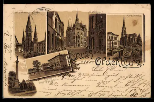 Lithographie Oldenburg, Augusteum v. Grossherzogl. Palais, Kriegerdenkmal, Rathaus