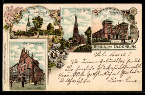 Lithographie Oldenburg, Gertrudenkirchhof, Turnhalle d. Turnerbundes, Graf Anton Günther