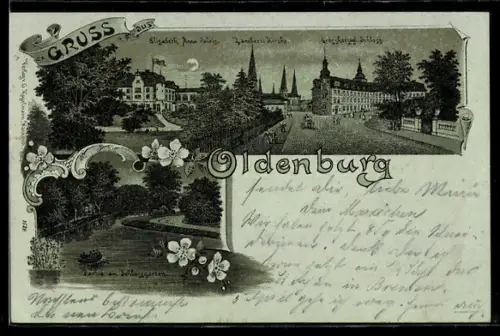 Mondschein-Lithographie Oldenburg, Schlossgarten-Partie, Elisabeth-Anna-Palais, Lambertikirche, Grossherzogliches Schloss