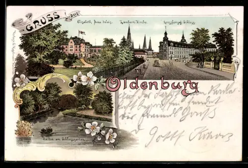 Lithographie Oldenburg, Elisabeth Anna Palais, Lambertikirche, Grossherzogl. Schloss, Partie am Schlossgarten