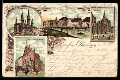 Lithographie Oldenburg, Lambertikirche, Am Stau, Rathaus, Haus Graf Anton Günther