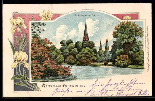 Lithographie Oldenburg, Schlossgarten-Partie, Rahmen, Blumen