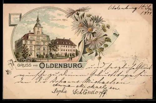 Lithographie Oldenburg, Grossherzogliches Schloss, Rahmen, Margeriten