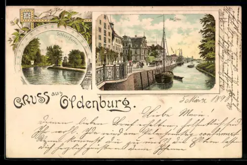 Lithographie Oldenburg, Schlossgarten, Der Stau