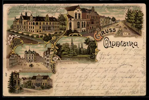 Lithographie Oldenburg, Neues und altes Elisabethstift, Langestrasse, Partie aus dem Schlossgarten