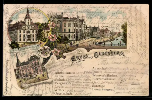 Lithographie Oldenburg, Schloss, Ortspartie, Stau