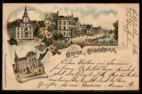 Lithographie Oldenburg, Schloss, Rathaus, Am Stau