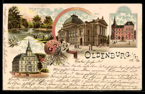 Lithographie Oldenburg i. Gr., Theater, Schloss, Partie am Schlossgarten