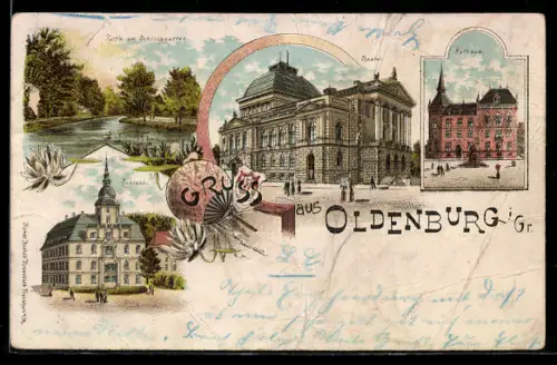 Lithographie Oldenburg, Theater, Schloss, Rathaus